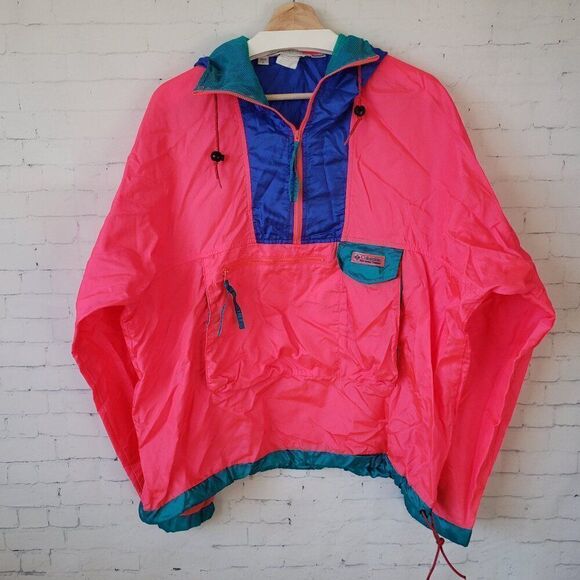 Columbia VTG Nylon Windbreaker Mens Size L Hot Pink Radial Sleeve 1/2 Zip Jacket - Picture 1 of 9